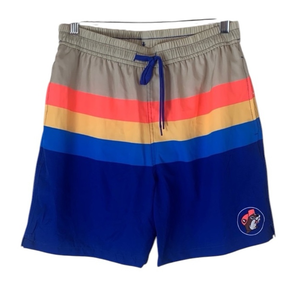 Bucee’s Mens Logo Colorful Striped Swim Shorts Small